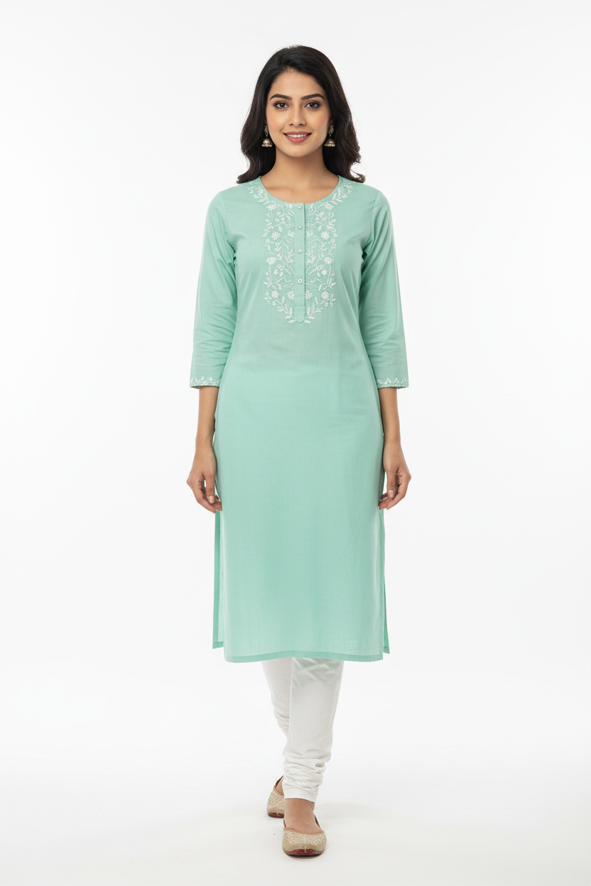 Mint green women's kurti - front white background