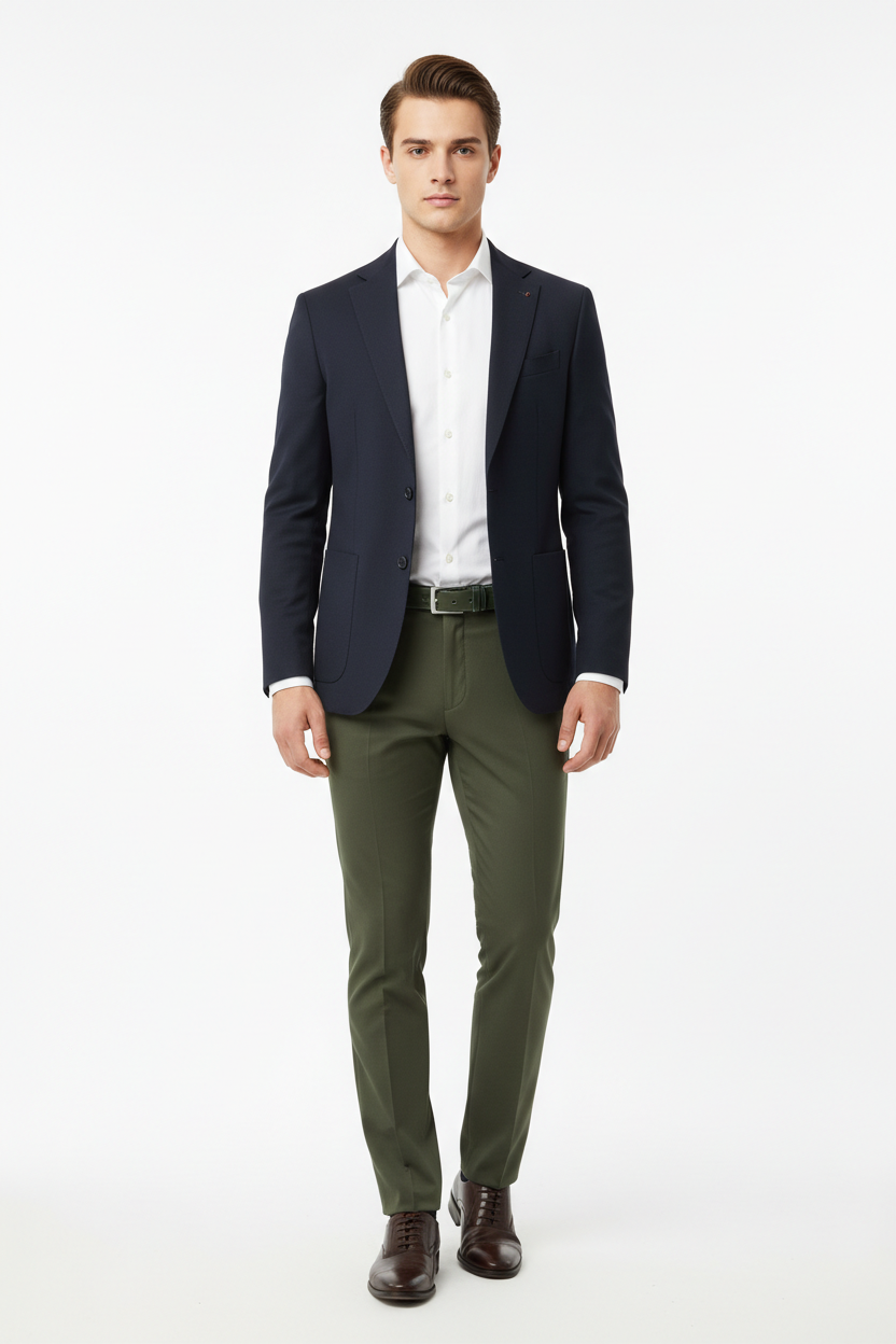 Olive green men's trousers - front white background
