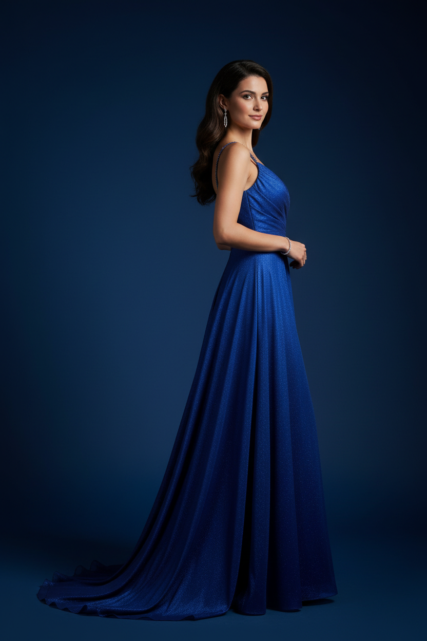 Blue formal evening dress - studio right