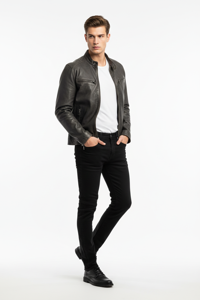 Black men's jeans - three quarter white background