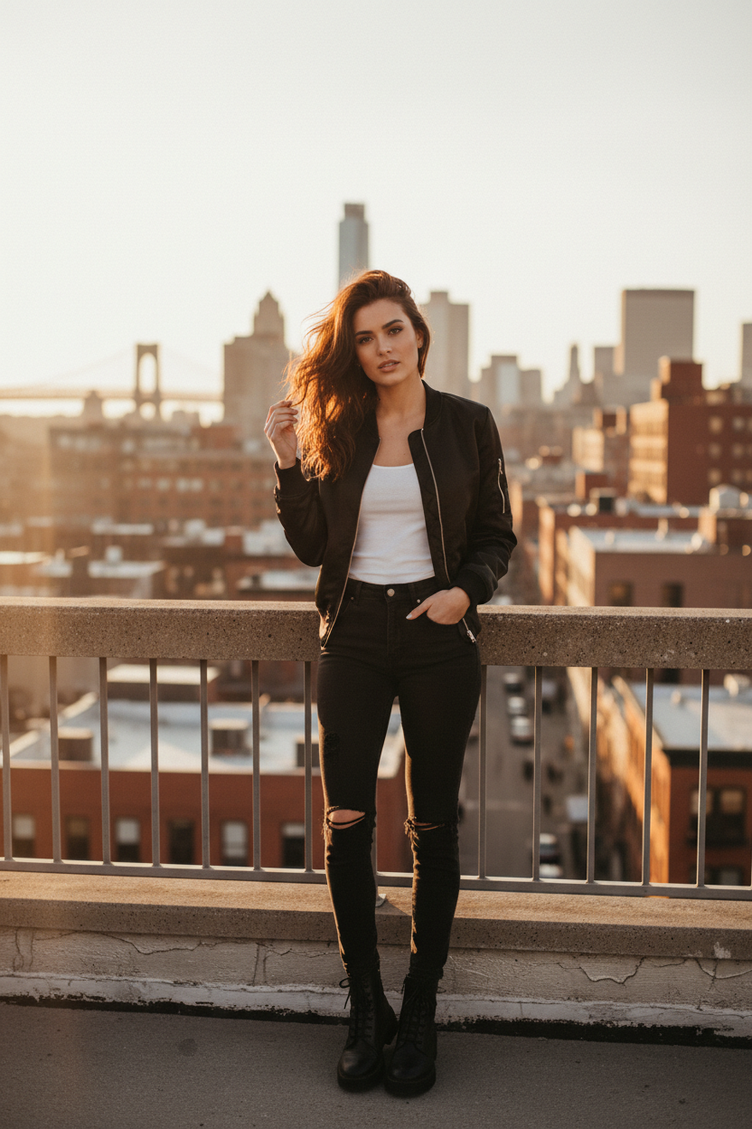Women's Casual Bomber Jacket Black - Lifestyle 2
