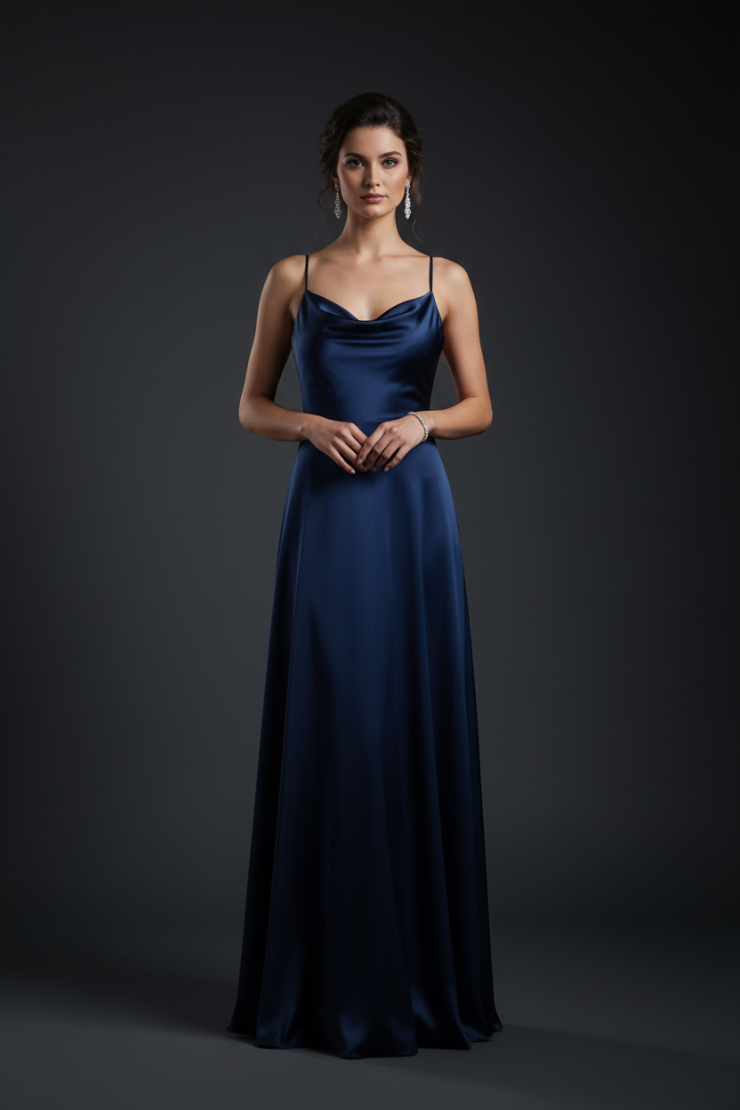 Navy blue formal evening dress - studio front