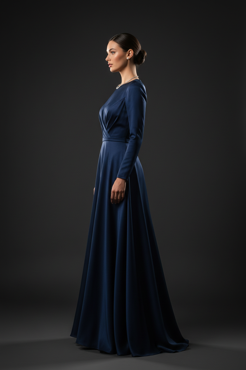 Navy blue formal evening dress - studio left