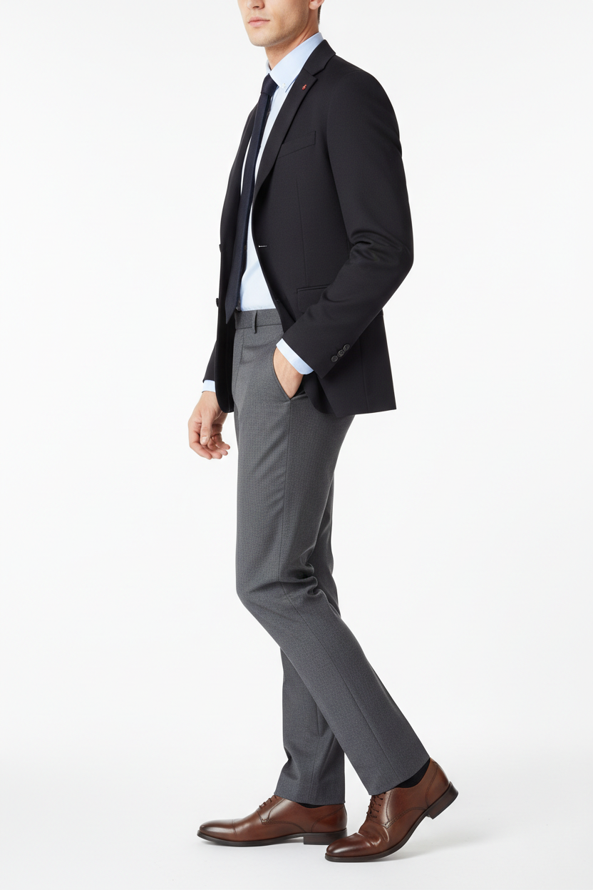 Grey men's trousers - left side white background