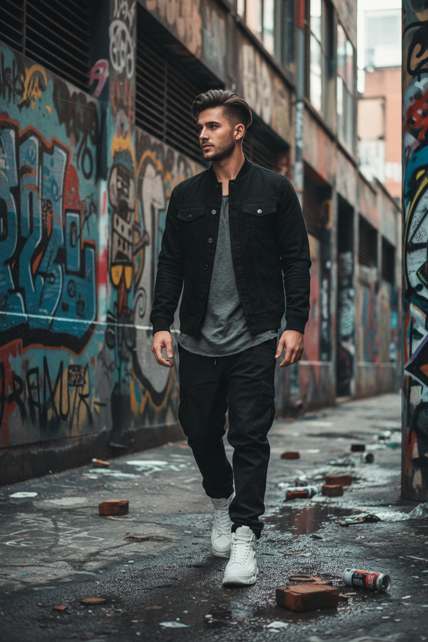 Men's Casual Bomber Jacket Denim Black - Lifestyle 2