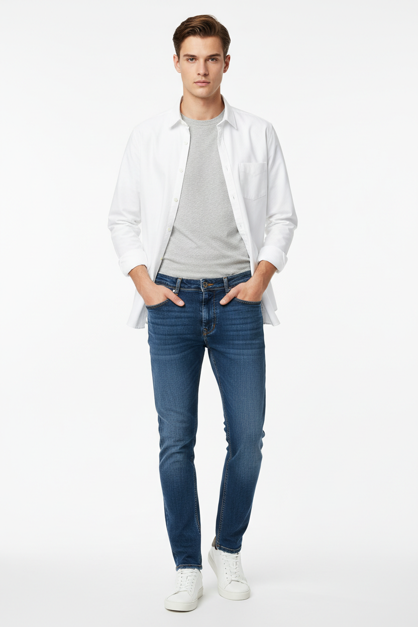 Dark blue men's jeans - front white background