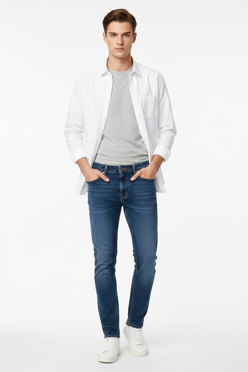 Dark blue men's jeans - front white background
