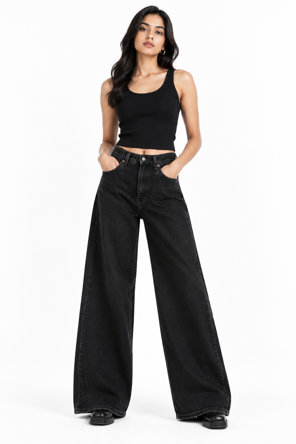 Black Wide-Leg Jeans - Front View