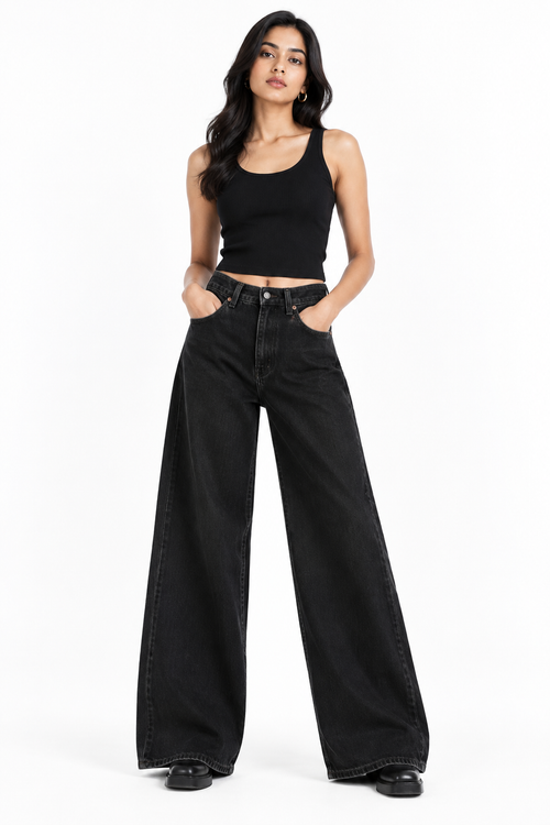 Black Wide-Leg Jeans - Front View