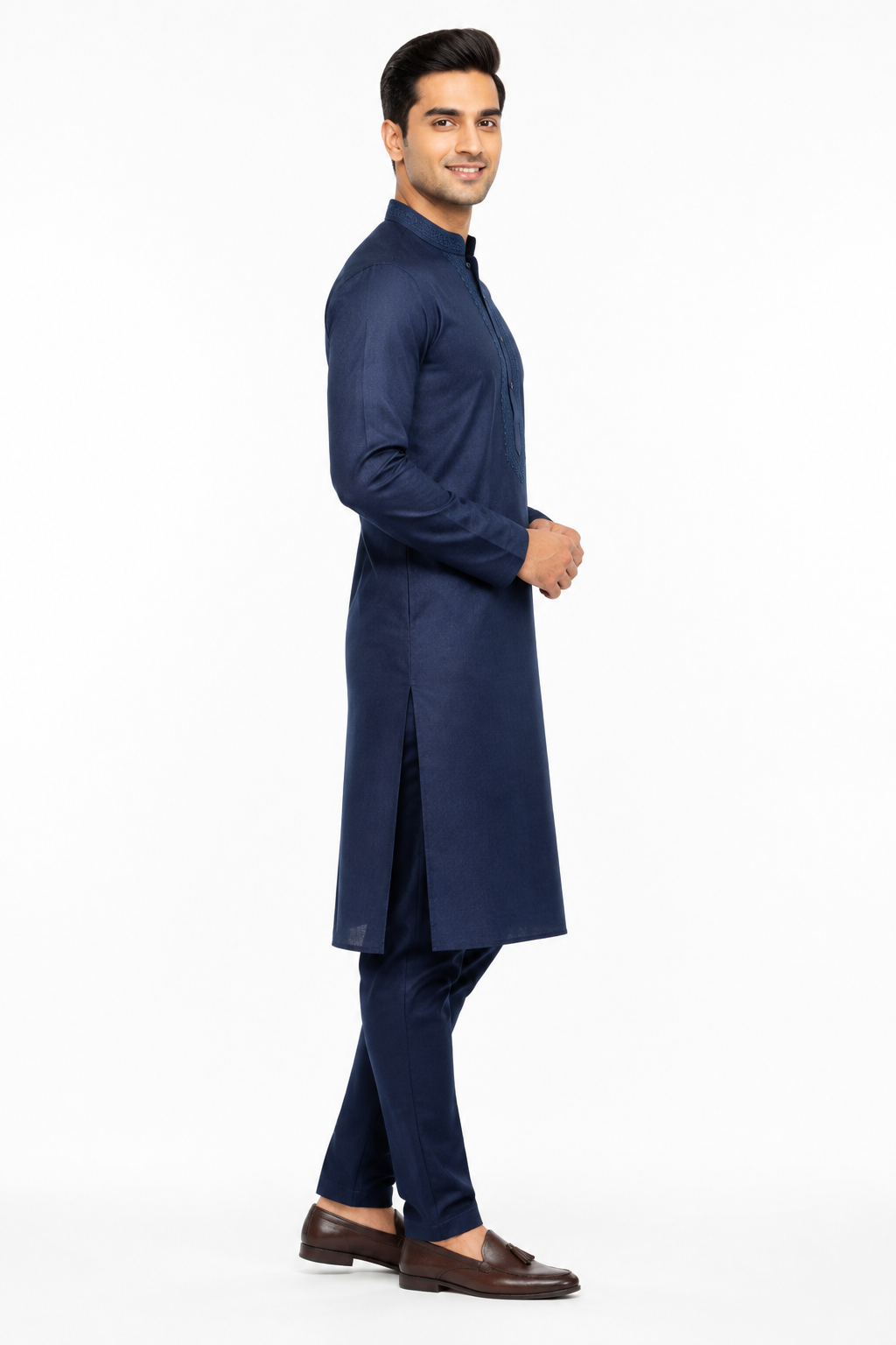 Navy Blue Men's Kurta - Side Profile