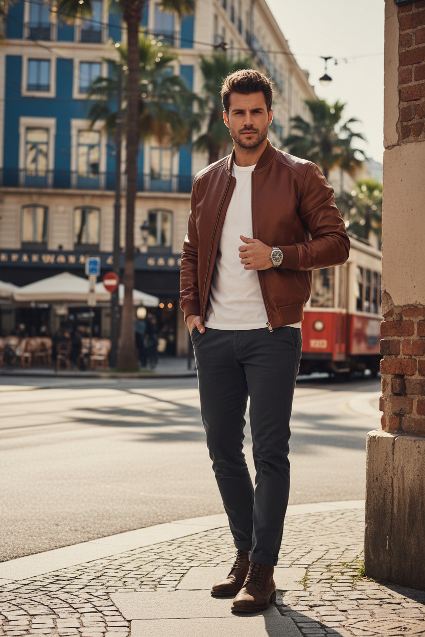 Men's Casual Bomber Jacket Brown Leather - Lifestyle 1