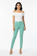 Mint green women's jeans - front white background