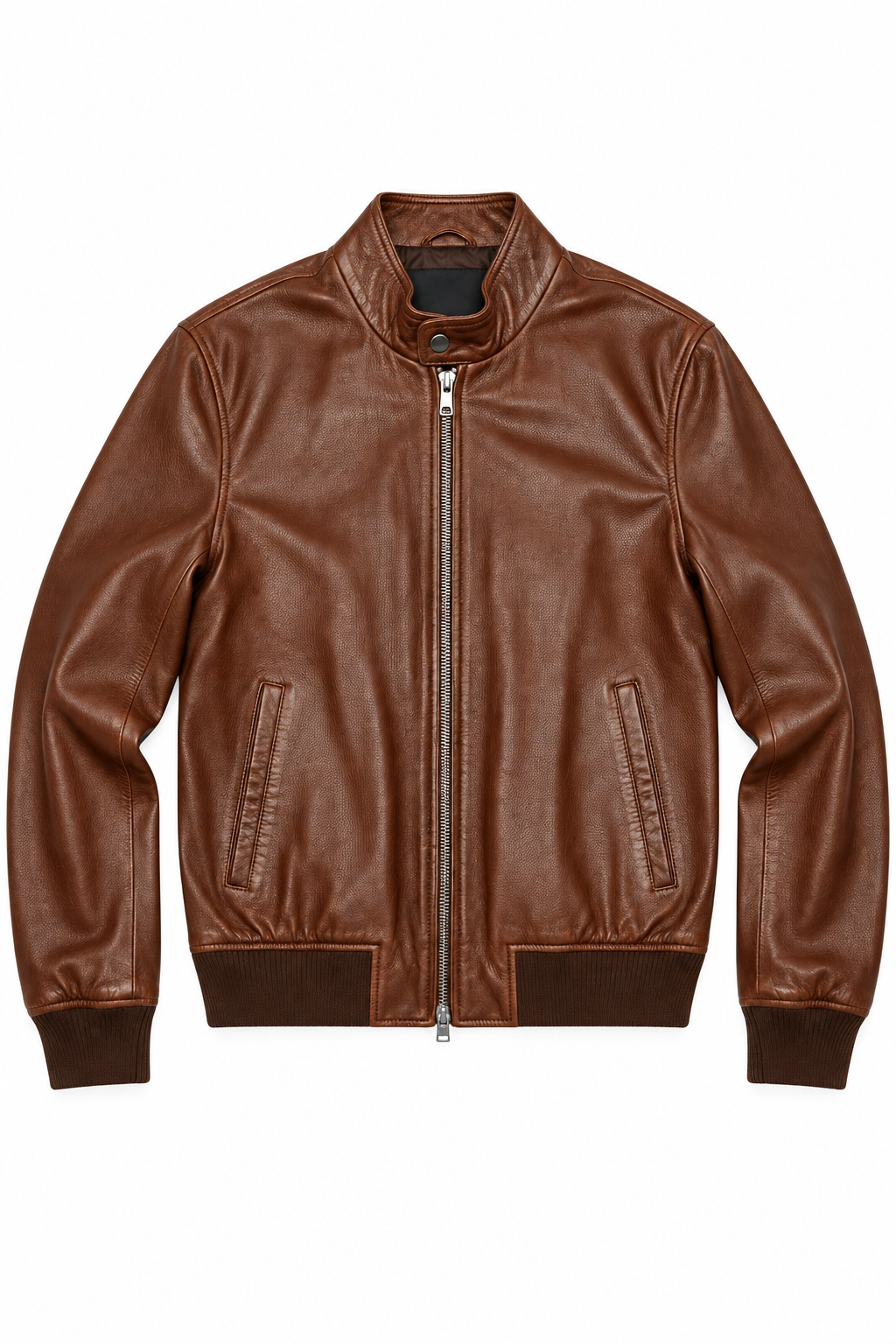 Men's Casual Bomber Jacket Brown Leather - Flat Lay