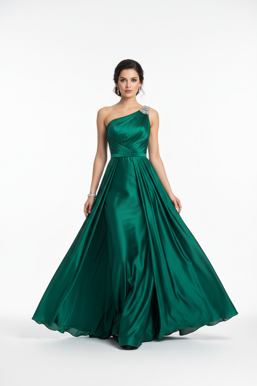 Emerald green formal evening dress - front white background