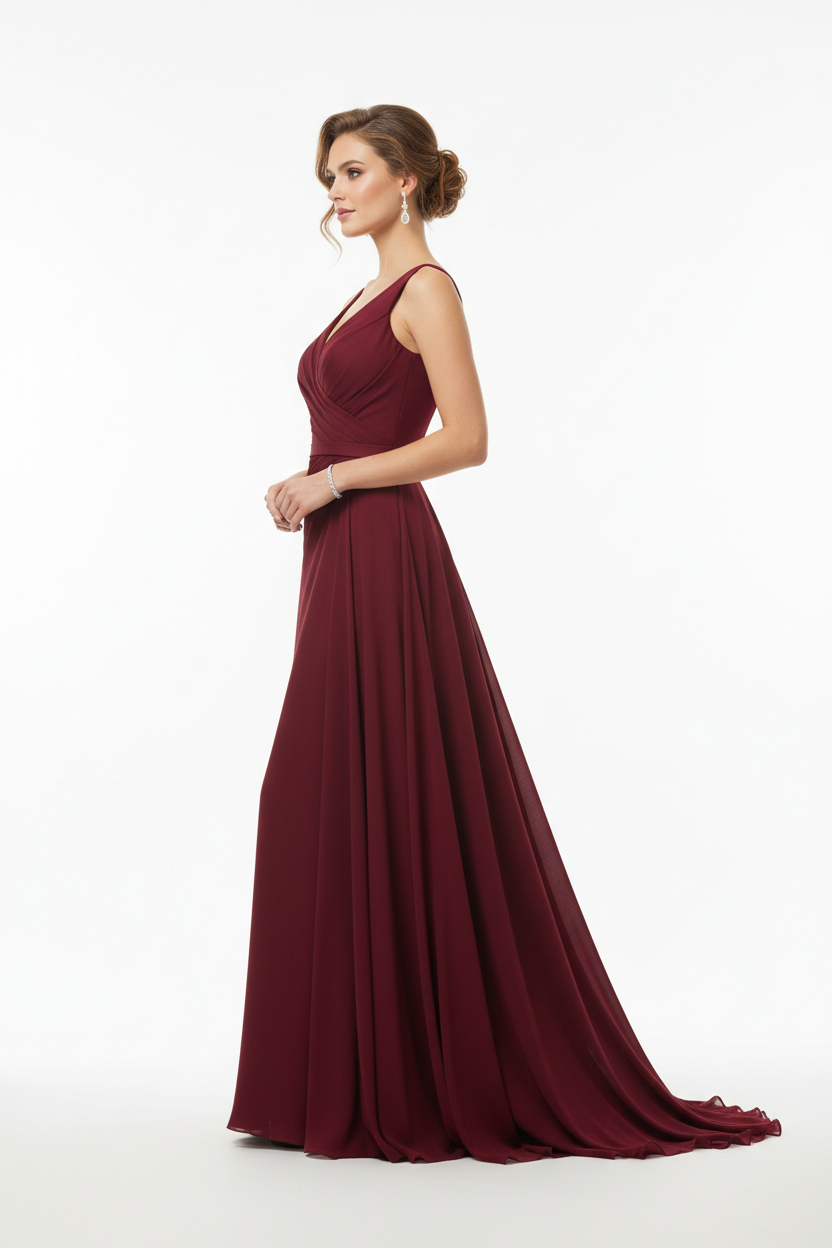 Burgundy wine formal evening dress - right white background