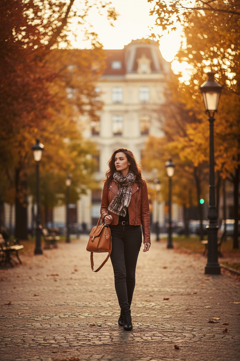 Women's Denim Jacket Brown Leather - Lifestyle 2