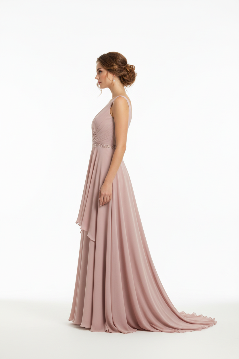 Dusty rose blush pink formal evening dress - left white background