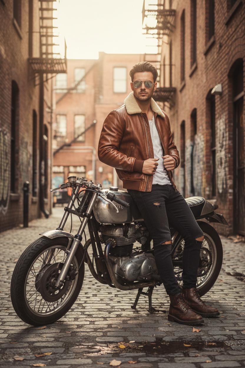 Men's Casual Bomber Jacket Brown Leather - Lifestyle 2