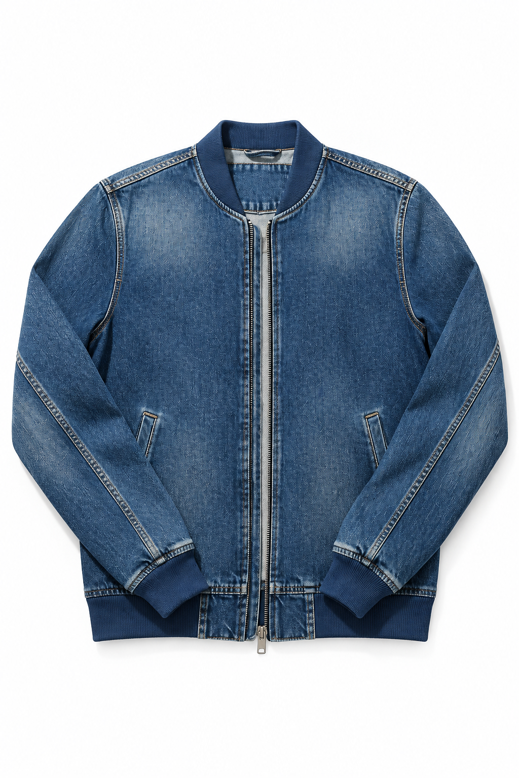 Men's Casual Bomber Jacket Denim Blue - Flat Lay