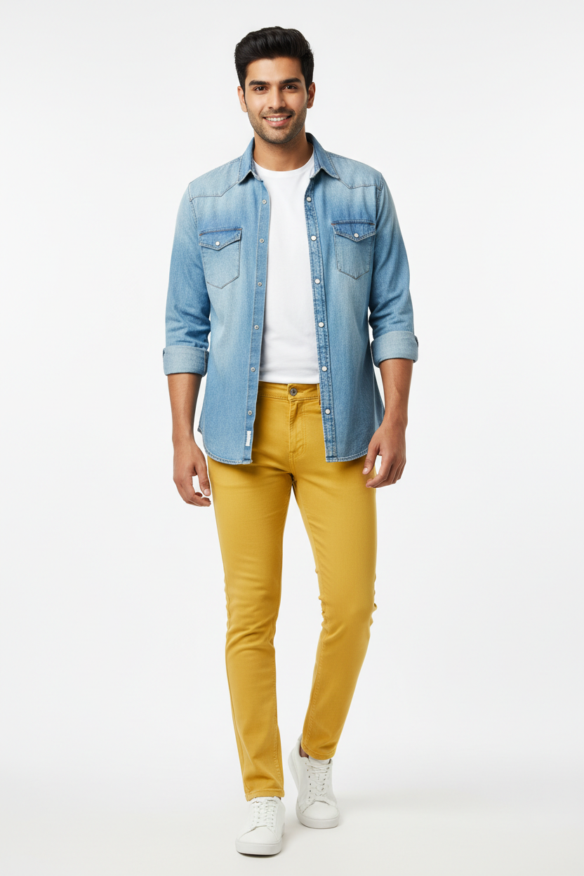 Yellow men's jeans - front white background