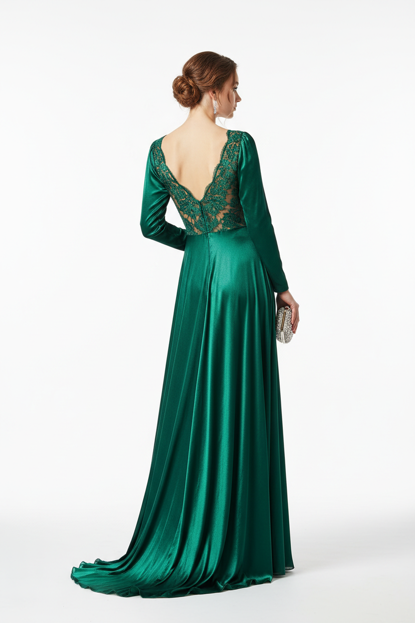 Emerald green formal evening dress - back white background