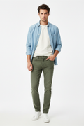 Olive green men's jeans - front white background