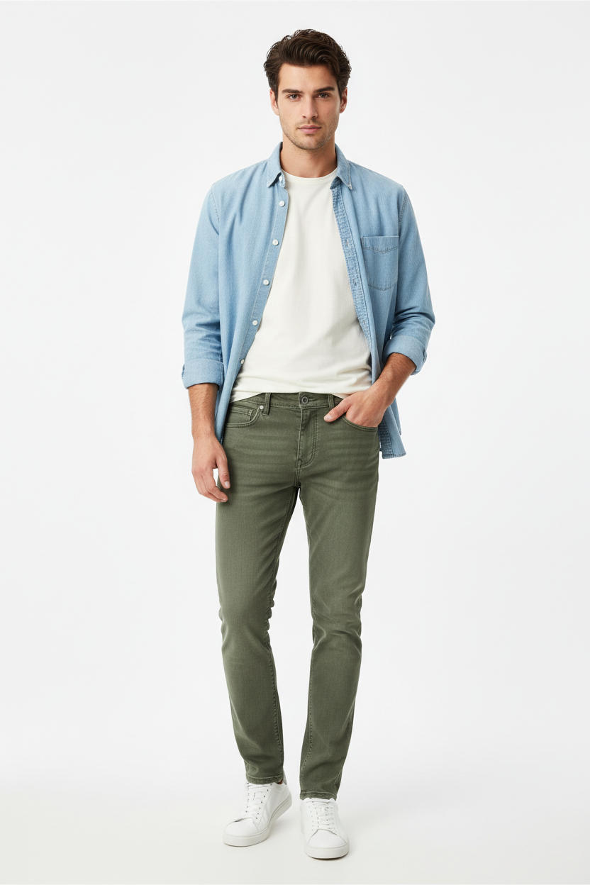 Olive green men's jeans - front white background