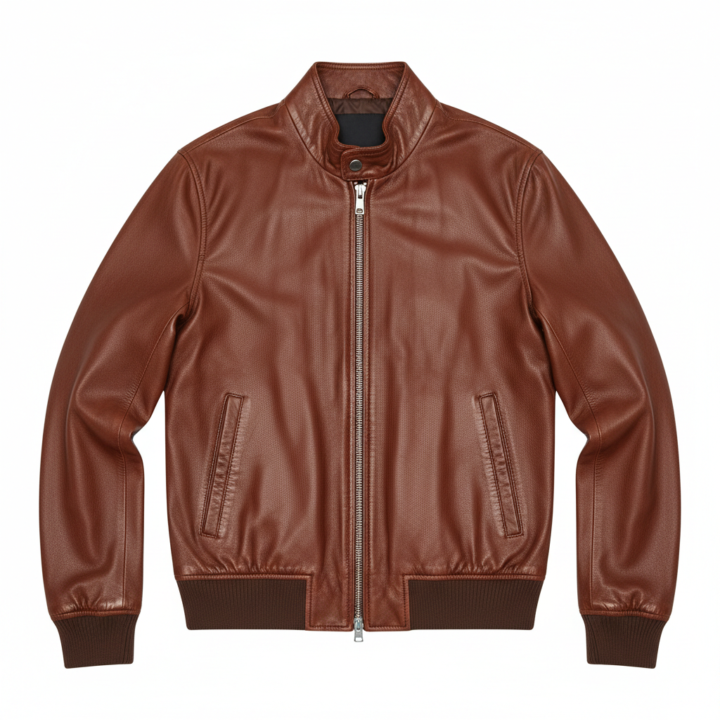 Men's Casual Bomber Jacket Brown Leather - Studio Shot
