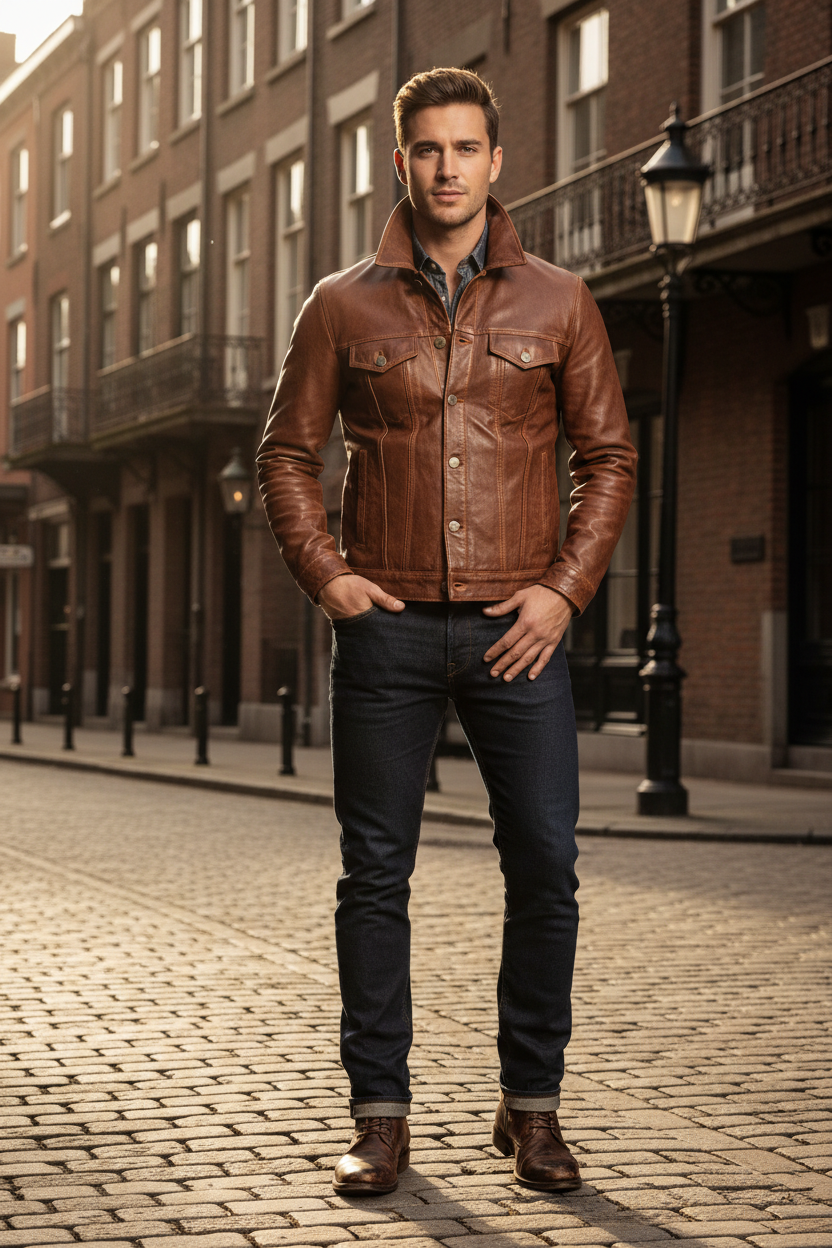 Men's Denim Jacket Brown Leather - Lifestyle 1