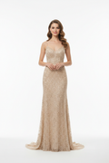 Champagne gold formal evening dress - front white background