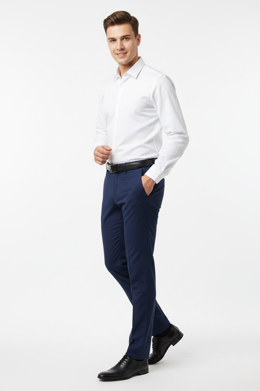 Navy blue men's trousers - three quarter white background