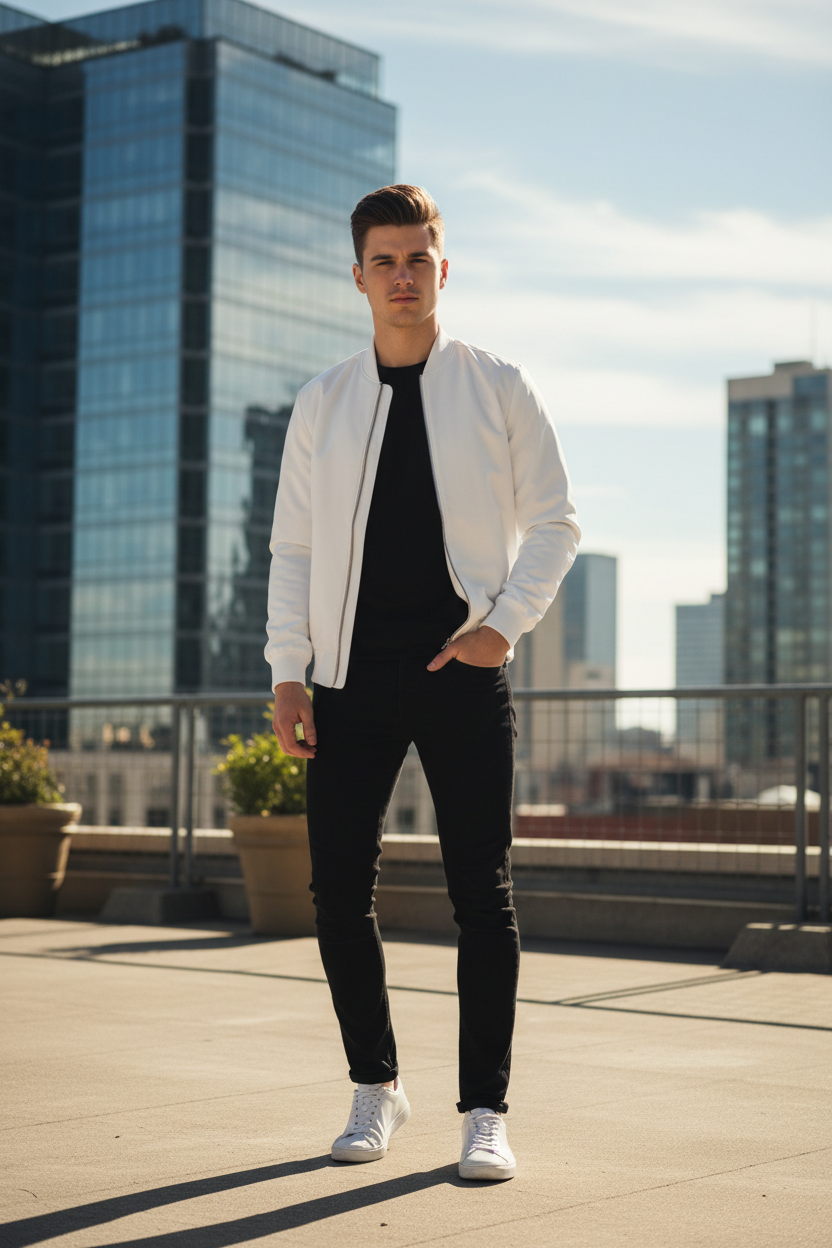 Men's Casual Bomber Jacket White - Lifestyle 1