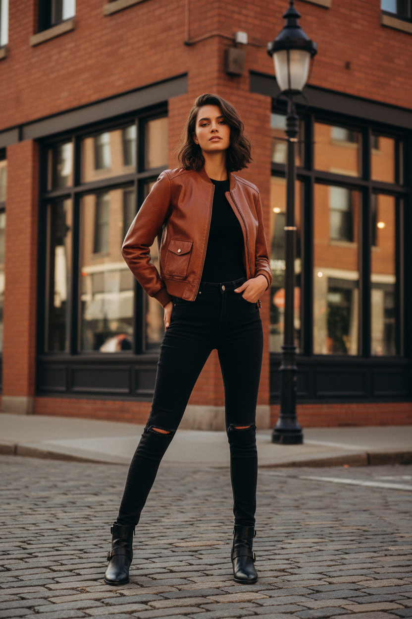 Women's Casual Bomber Jacket Brown Leather - Lifestyle 1