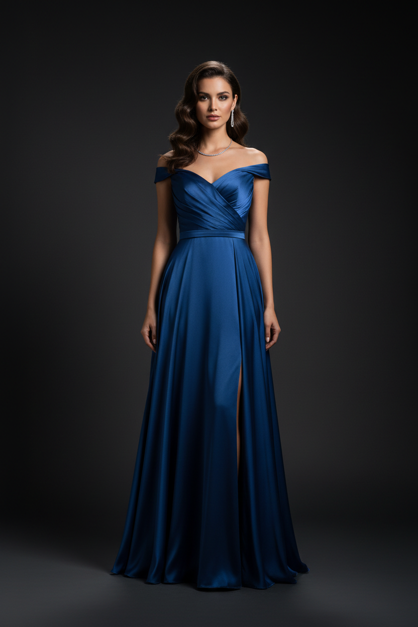 Blue formal evening dress - studio front