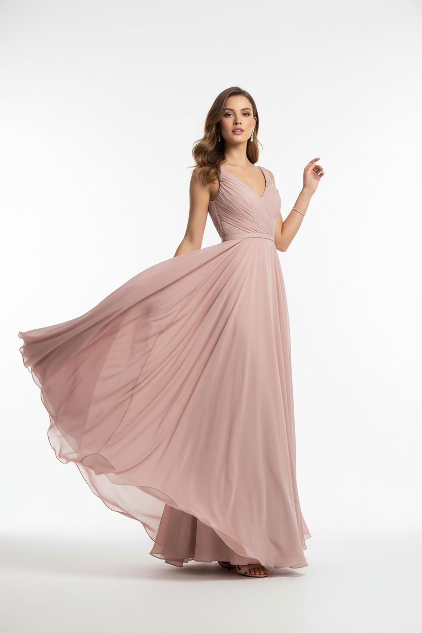 Dusty rose blush pink formal evening dress - three quarter white background