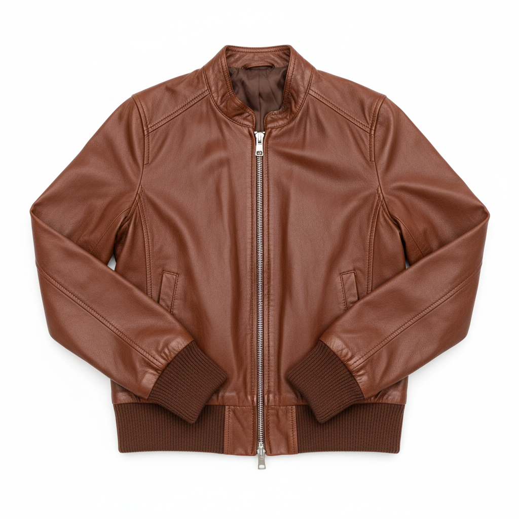Women's Casual Bomber Jacket Brown Leather - Studio Shot