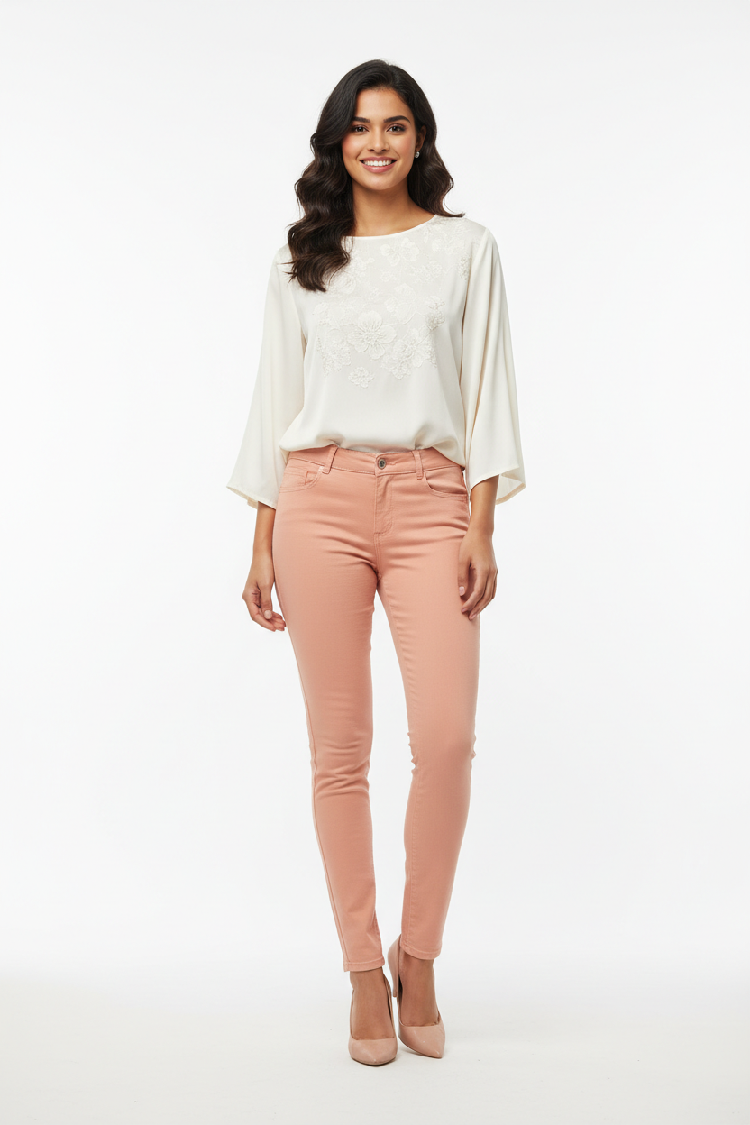 Peach women's jeans - front white background