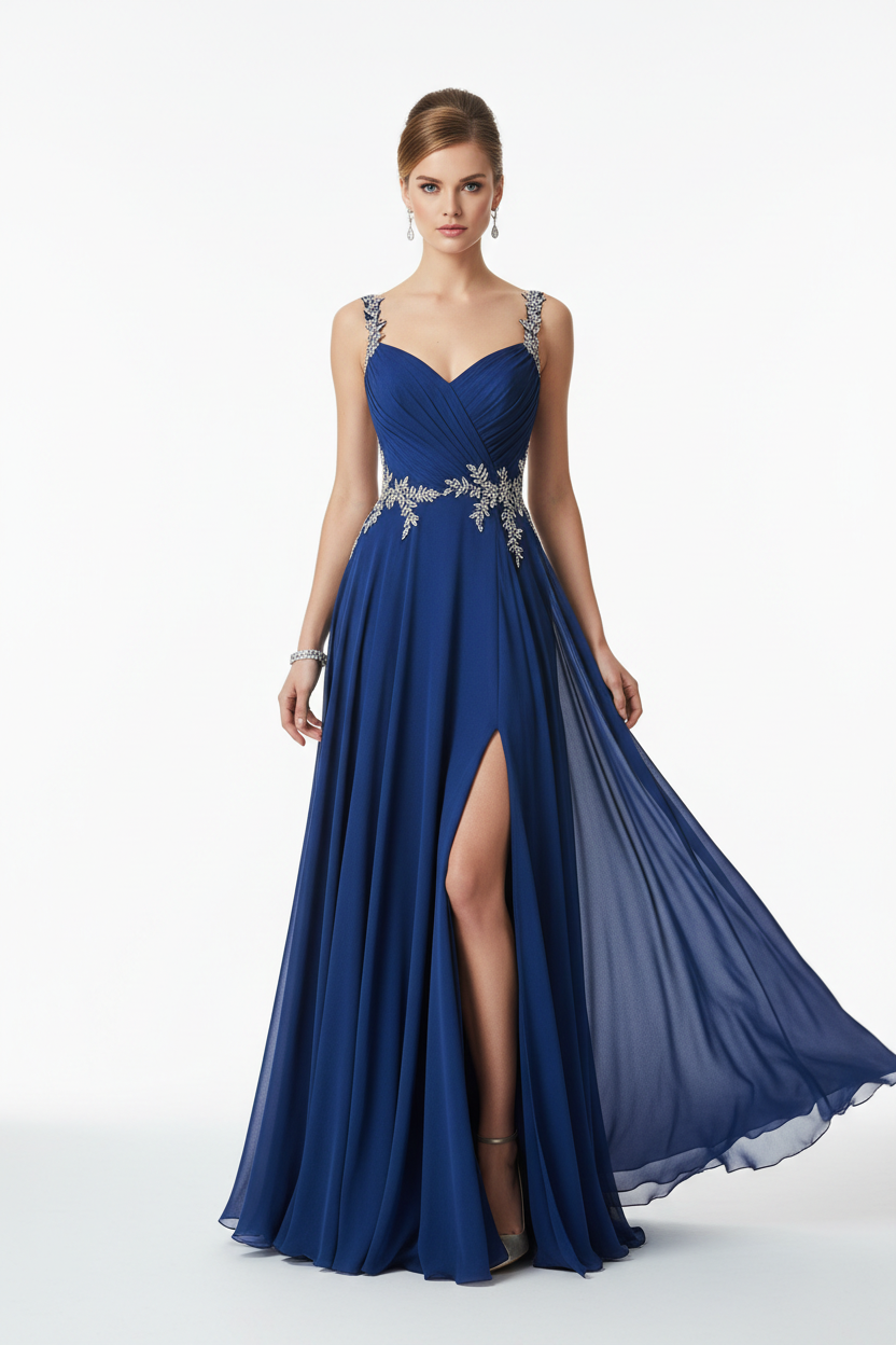 Blue formal evening dress - front white background