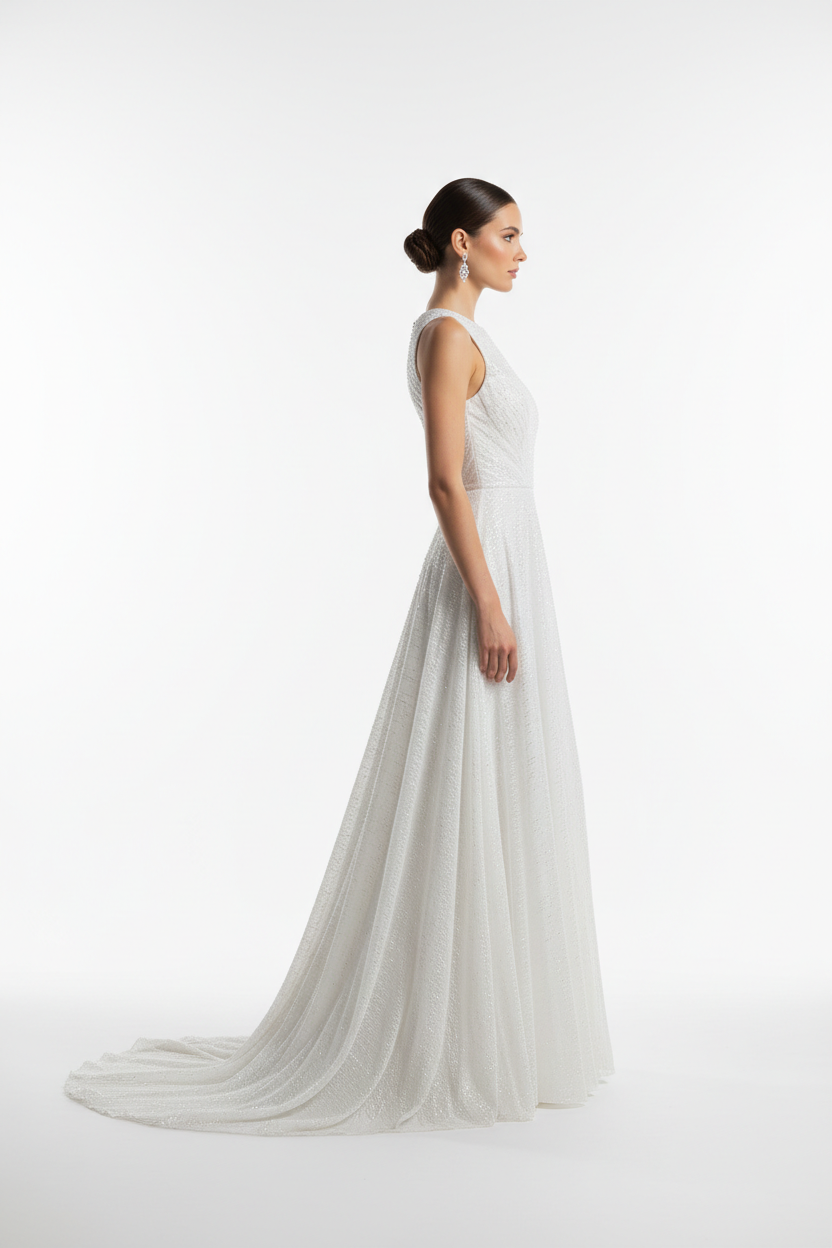 White formal evening dress - right white background