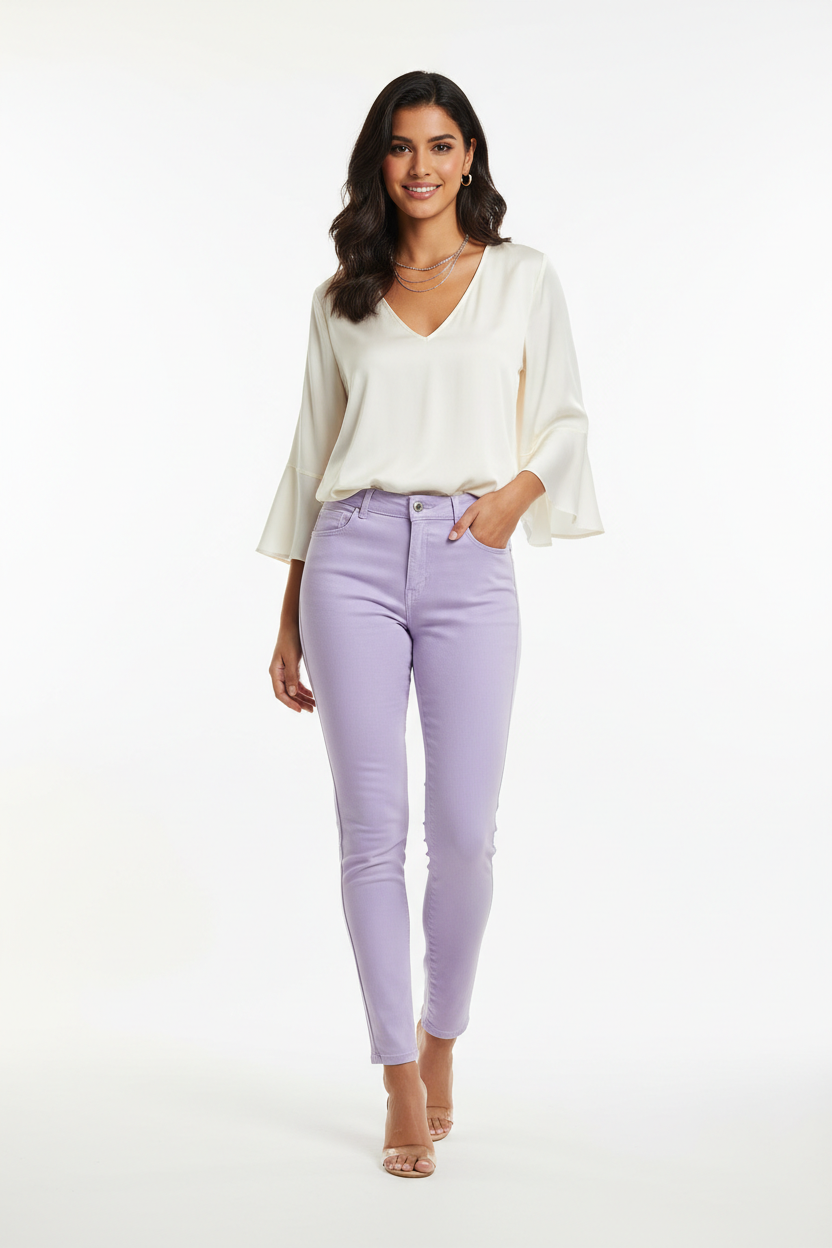Lavender women's jeans - front white background