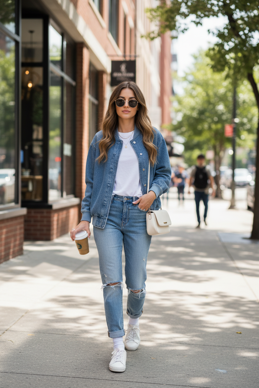 Women's Casual Bomber Jacket Denim Blue - Lifestyle 1