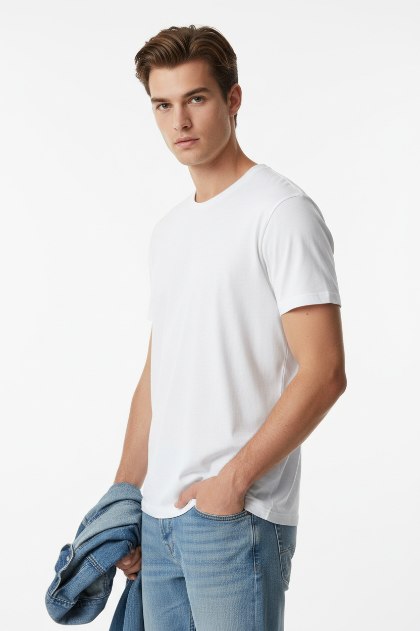 White men's t-shirt - three quarter white background