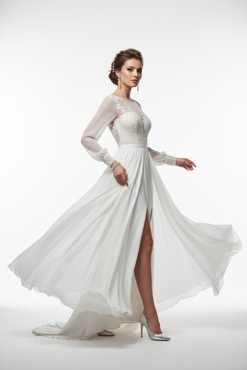 White formal evening dress - three quarter white background