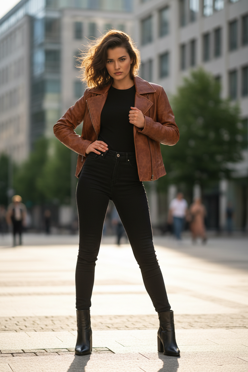 Women's Denim Jacket Brown Leather - Lifestyle 1