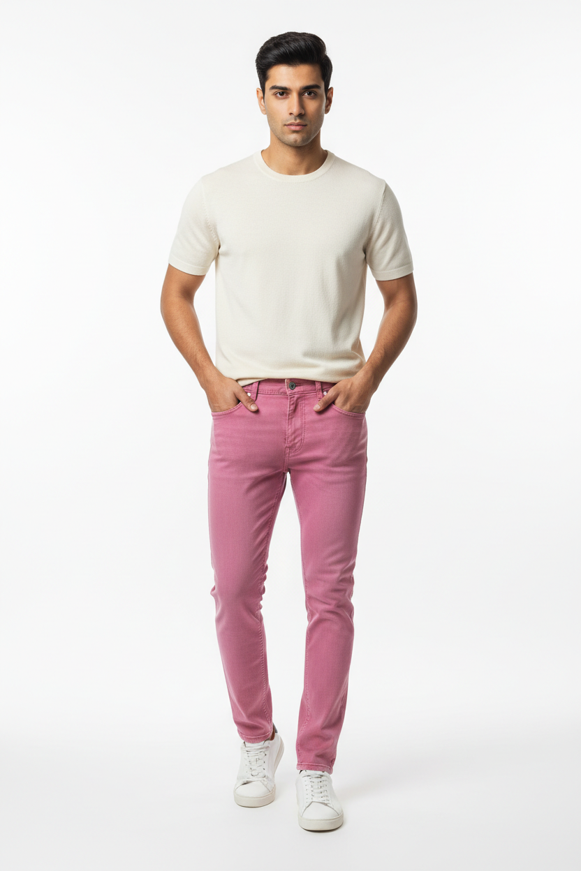 Pink men's jeans - front white background