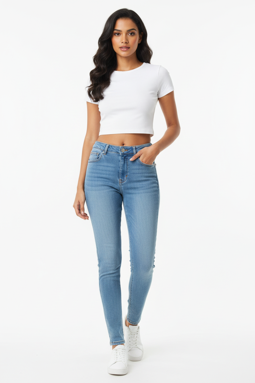 Light blue women's jeans - front white background
