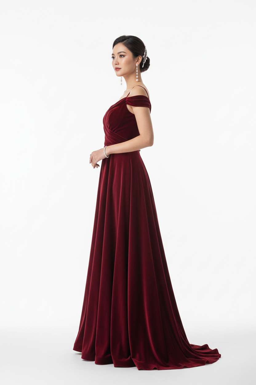 Burgundy wine formal evening dress - left white background