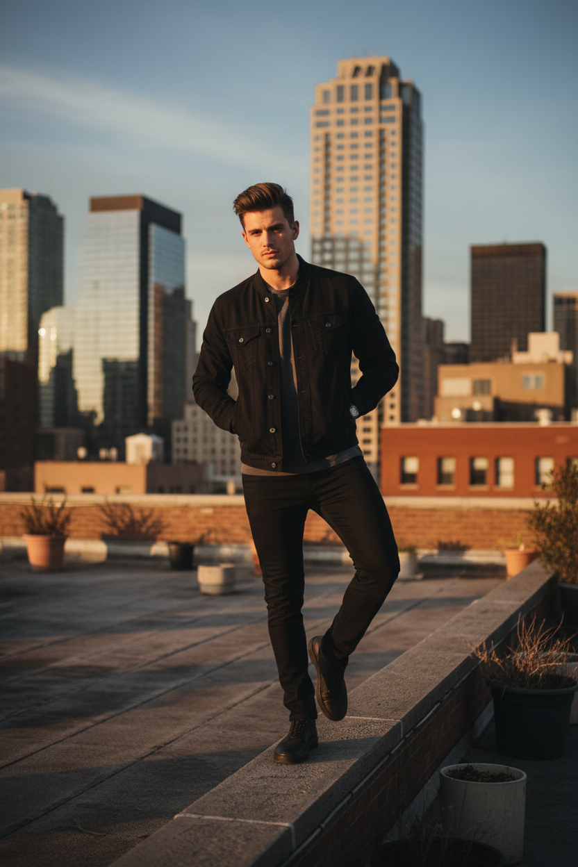 Men's Casual Bomber Jacket Denim Black - Lifestyle 1