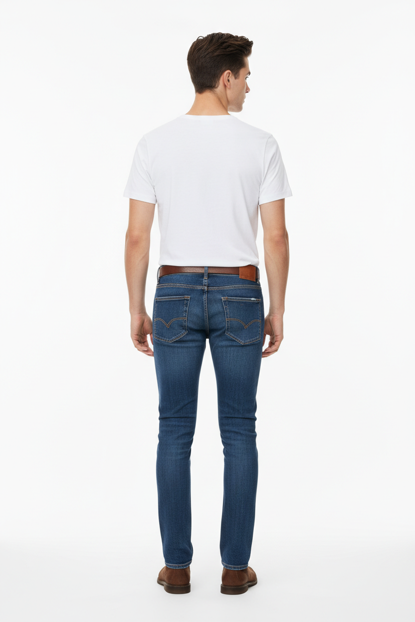 Dark blue men's jeans - back white background