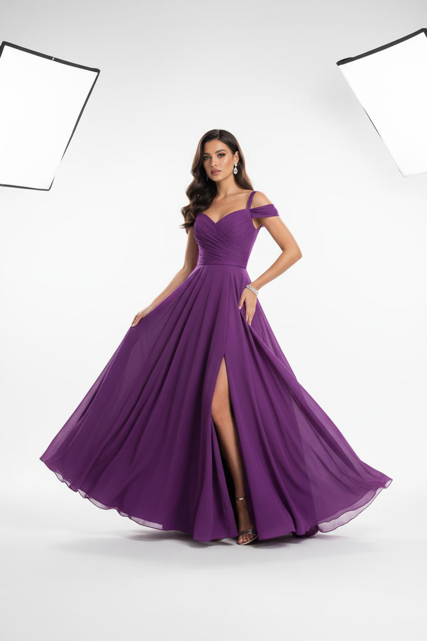 Purple formal evening dress - three quarter white background